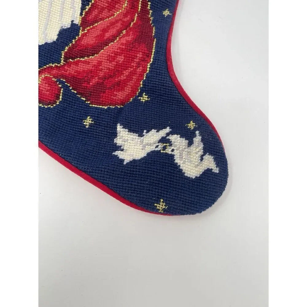Vintage Needlepoint Christmas Stocking Angel Doves Blue Red Wool Velvet Back